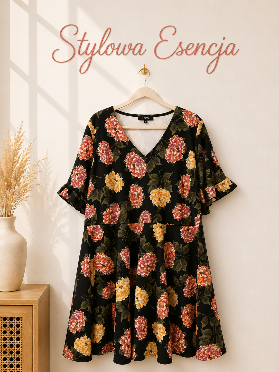 Sukienka czarna w kwiaty, falbanki | SimplyBe | UK 26 / EUR 54