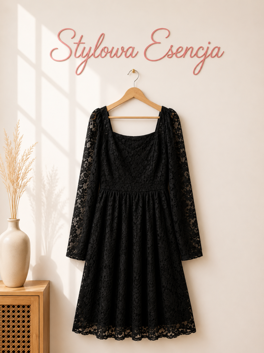 Czarna koronkowa sukienka – elegancka, rękawy z koronki | Shein | UK 14 / EUR 42