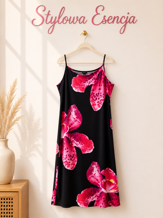 Czarna sukienka na ramiączkach w różowe kwiaty | Boohoo | UK 24 / EUR 52