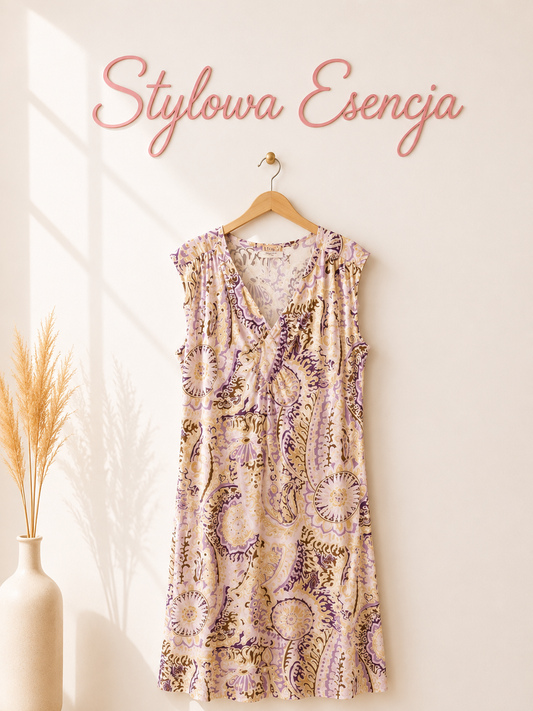 Sukienka fiolet, wanilia – wzór paisley/boho, lekka i wygodna | KiM&Co | UK 20 / EUR 48