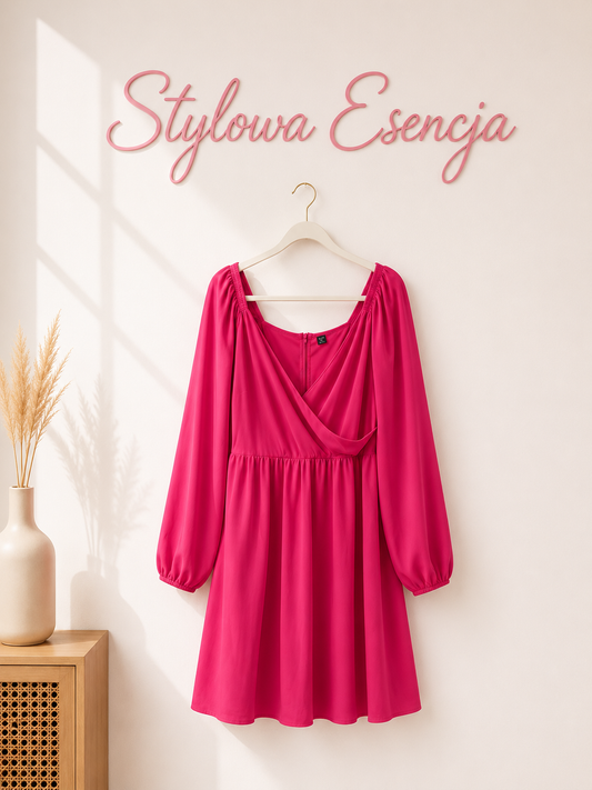 Fuksjowa sukienka kopertowa  – rozkloszowana, długie rękawy | Shein | UK 16 / EUR 44