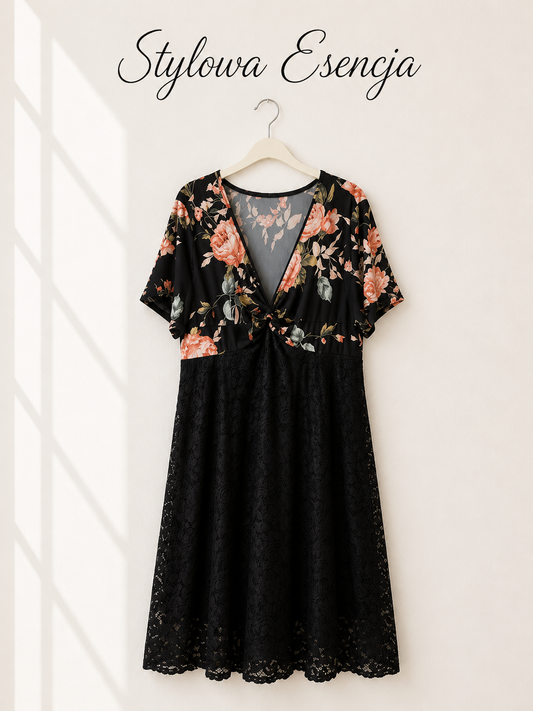 Czarna sukienka z koronką i kwiatową górą | Shein | UK 18 / EUR 46